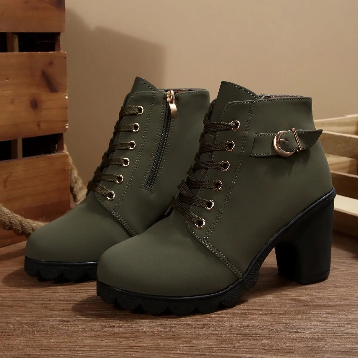 Women's Classic Green Microfiber Leather Ankle Boots with a Chunky Heel, Round Toe, Lace-Up Detail, and Back Zipper, Footwear, Cuban
