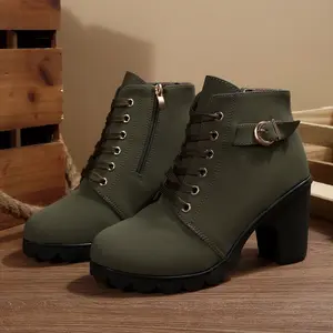 Women's Classic Green Microfiber Leather Ankle Boots - Buckle, Lace-Up, Back Zipper, Chunky Heels, Round Toe - Footwear for Office, Festivals