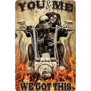 Vintage Motorcycle Couple Metal Tin Sign - 7.87x11.81 Inch Rustic Iron Wall Art with "You & Me We Got This" Design, Biker Couple on Motorcycle with Flames & Skulls - Easy Mounting Hardware Included for Home, Bar, Garage, for Cave