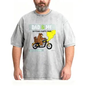 Men's Plus Size "Dad & Me" Motorcycle Bear Funny Washed T-Shirt, Father's Day Humor Tee