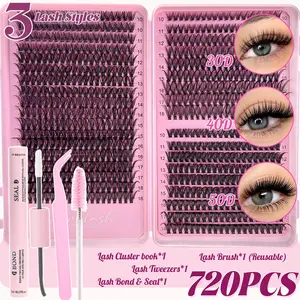 720PCS 30D 40D 50D Natural Wispy Lash Extension Kit with Gentle Lash Glue, Soft Comfortable Wear, DIY Cluster Lashes for Beginners, Lightweight Long-Lasting Salon Look, Easy At-Home Lash Extensions
