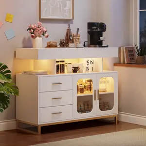 Modern LED Sideboard Buffet Cabinet with RGB Lighting, Charging Station, 3 Drawers & 2 Doors, Ample Storage for Dining Room, Kitchen, Living Room – White