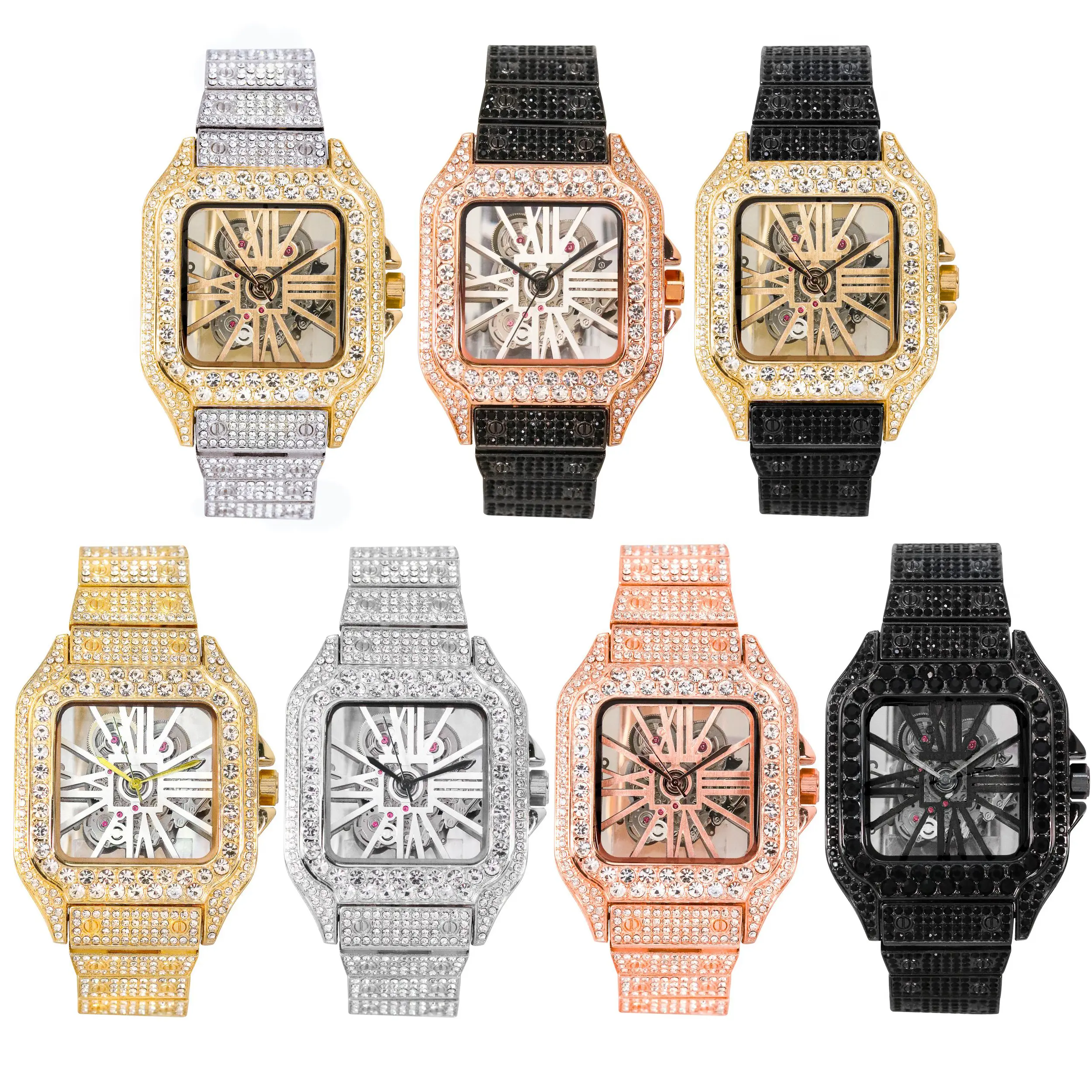 MaxBling81 Men's Fully Iced Out Square Luxury Watch - VVS Diamond Simulant, Rectangular Skeleton Dial, Blinged-Out Quartz Movement, Adjustable Links, Removable Band, Deployment Clasp, Crystal-Embellished Multi-Color Fashion Timepiece, Fully Iced Out Squar