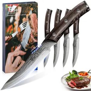 #Summervibes Steak Knives 4.8 Inch Set of 4, High-Carbon Japanese Style Non-serrated Meat Knife with Wood Handle, Damascus Pattern Full Tang Design, Razor-Sharp Dinner Knives with Gift Box, Gift for Mother's Day