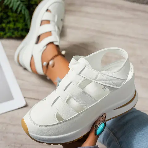 Women's Fashionable Velcro Fastening Wedge Design Sandals, Adjustable Sandals, Casual Comfortable Soft Sole Sandals for Summer, Female All-match Round Toe Shoes for Daily Wear, Adjustable Strap Sandals