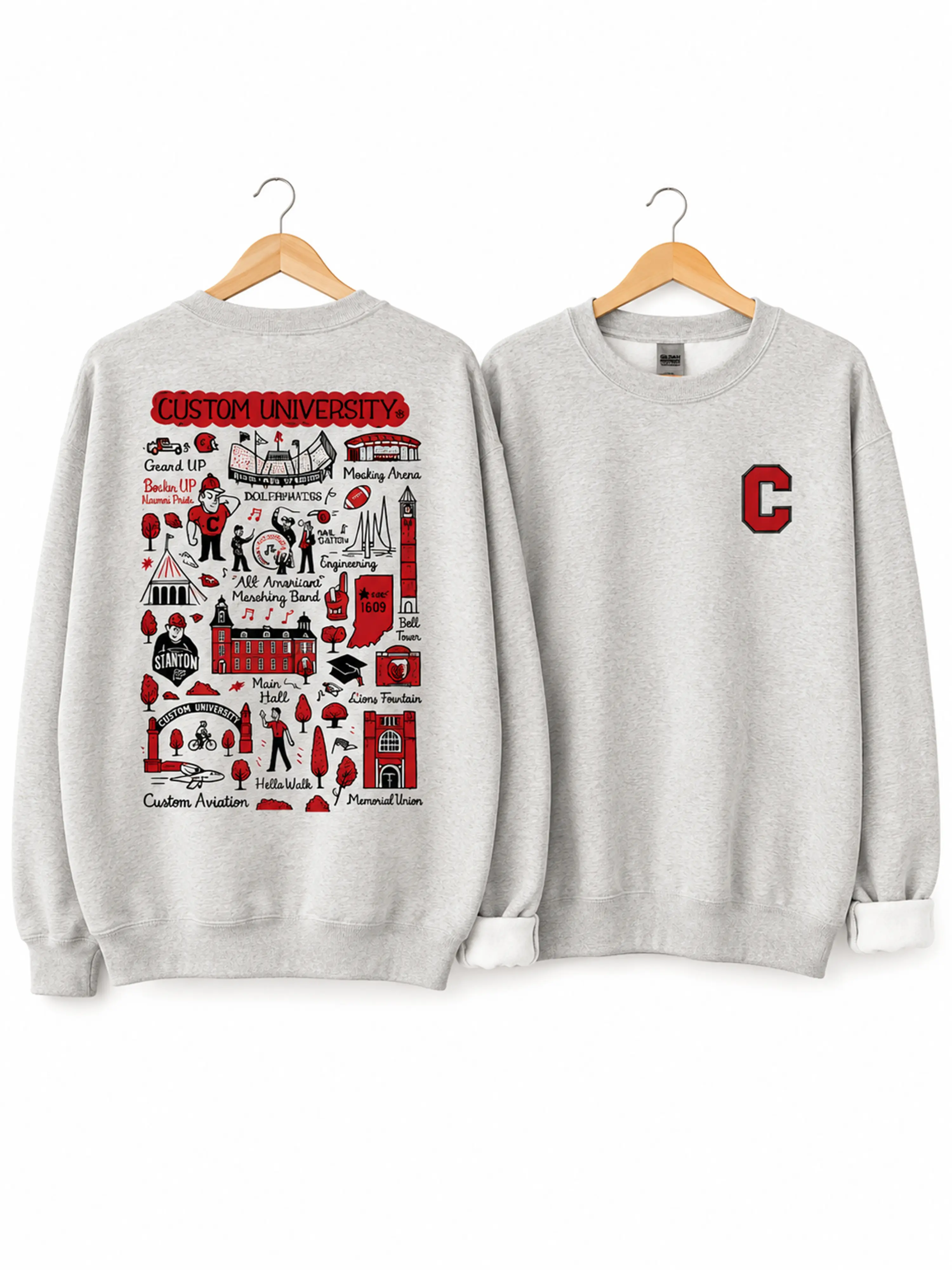 Custom University Hand Sketched Sweatshirt - Ash Grey, Personalized College Shirt, Game Day Outfit, Vintage-Style Top for Sports Lovers, Womenswear