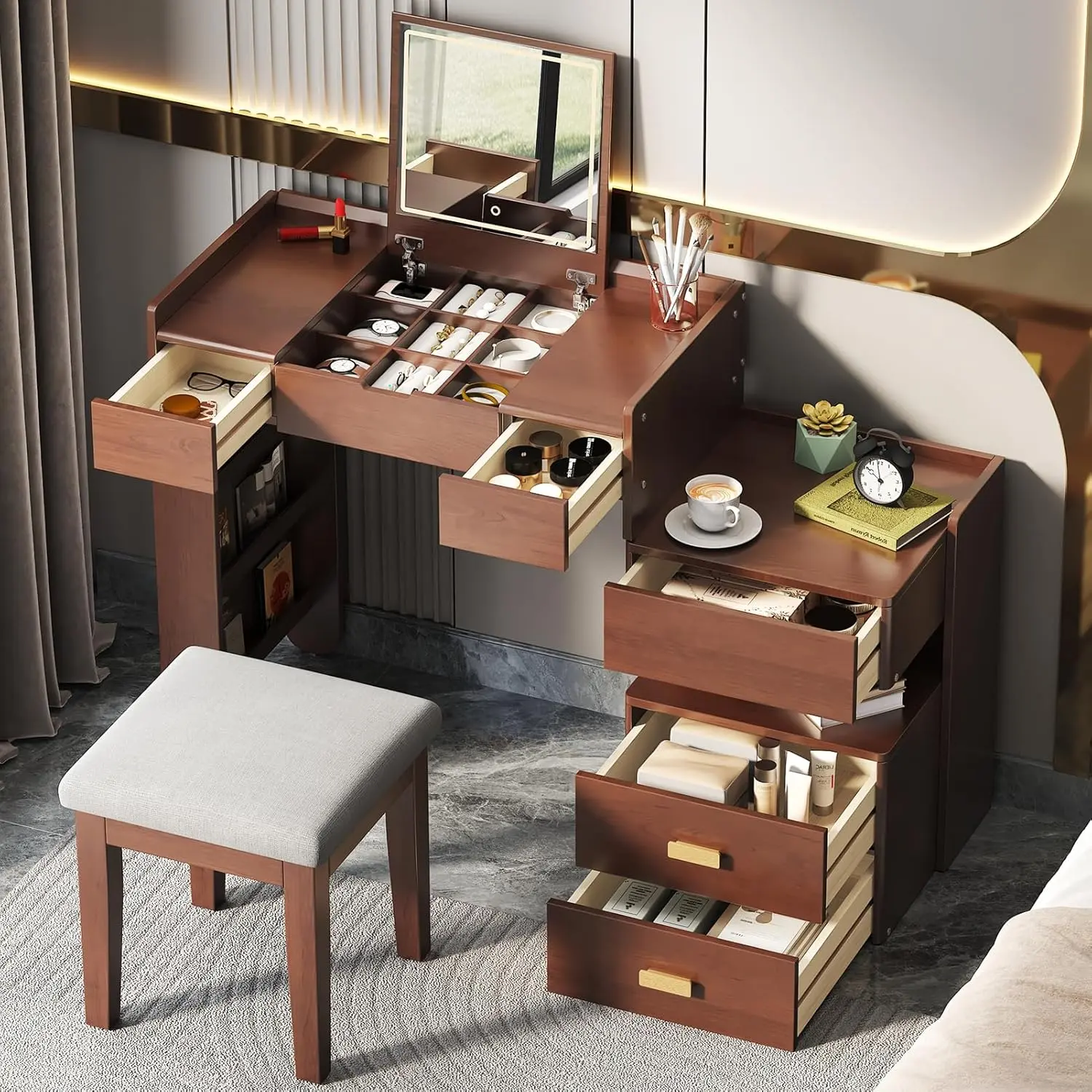 Modern Walnut LED Vanity Table with Upholstered Stool (Upholstered Seat), 3-Color LED Lighting, Flip-Top Mirror, Retractable Side Cabinet, Storage Drawers, 3-in-1 Versatile Design, Engineered Wood Frame, Requires Assembly, Gift for Wife