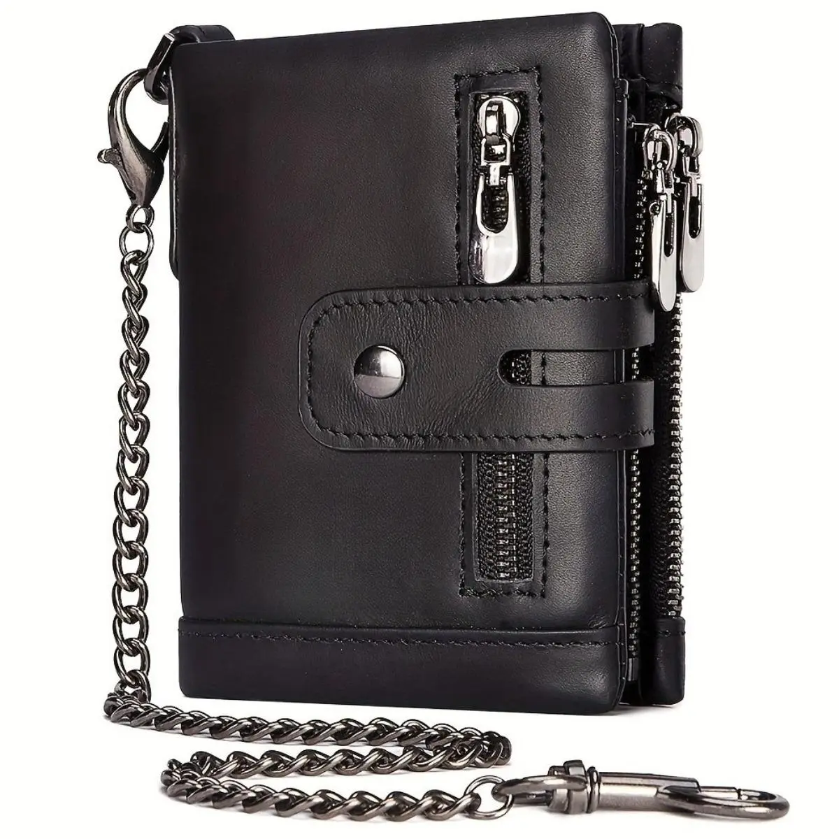 Men's Wallet in Genuine Leather, Retro Short Design with Anti-Theft Chain, RFID Blocking and Double Zip Closure, Zipper Wallet Design, Chic, Leather Construction Men's Wallets