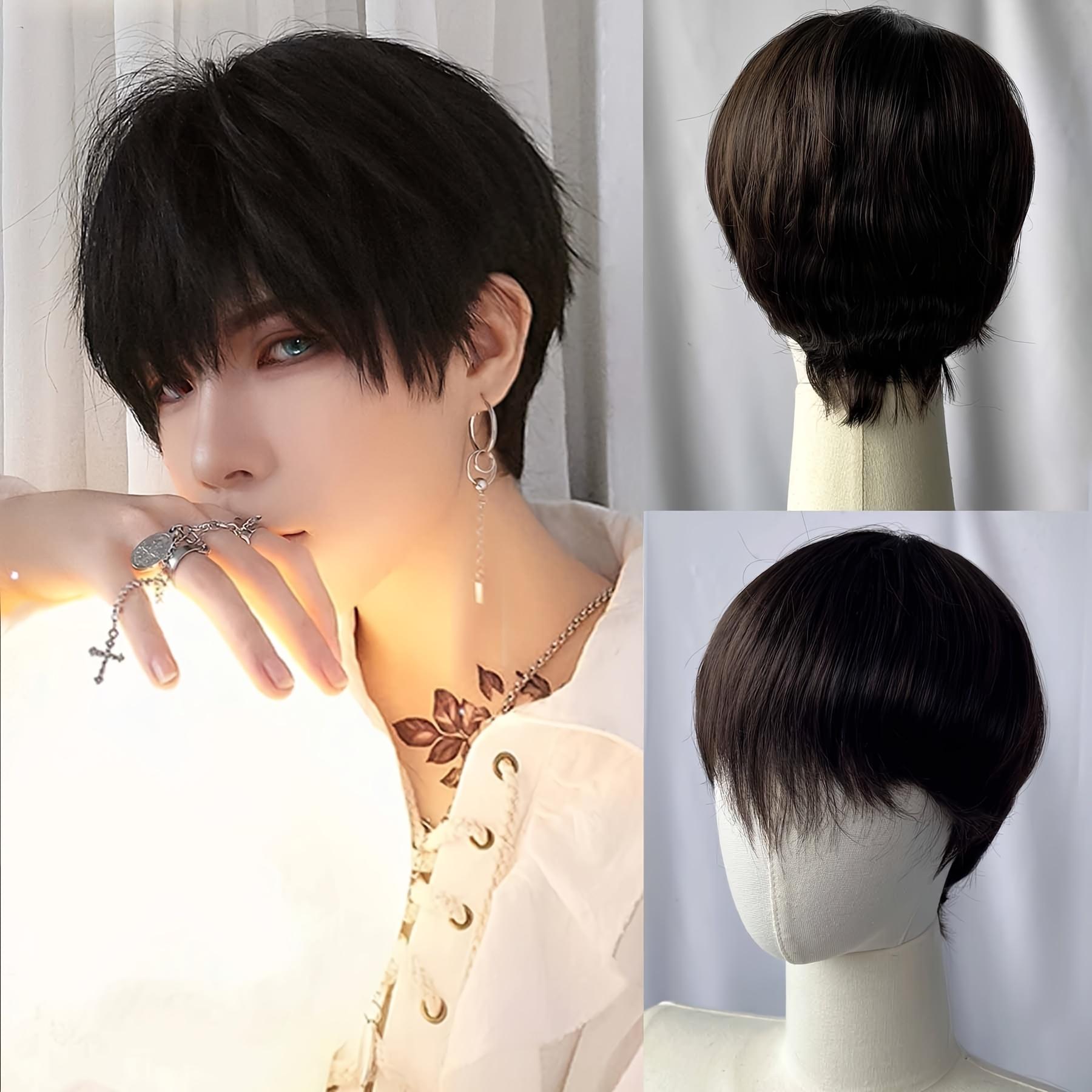 Men'S Wigs with Side Bangs That Can Be Straight Or Slanted, Short Hair, Made from High-Temperature Fiber, And Designed for Everyday Wear with a Look