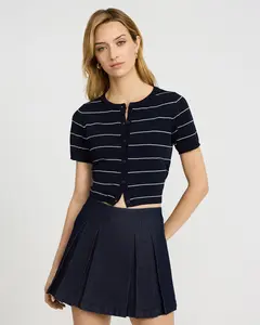 Express Striped Crew Neck Short Sleeve Cardigan