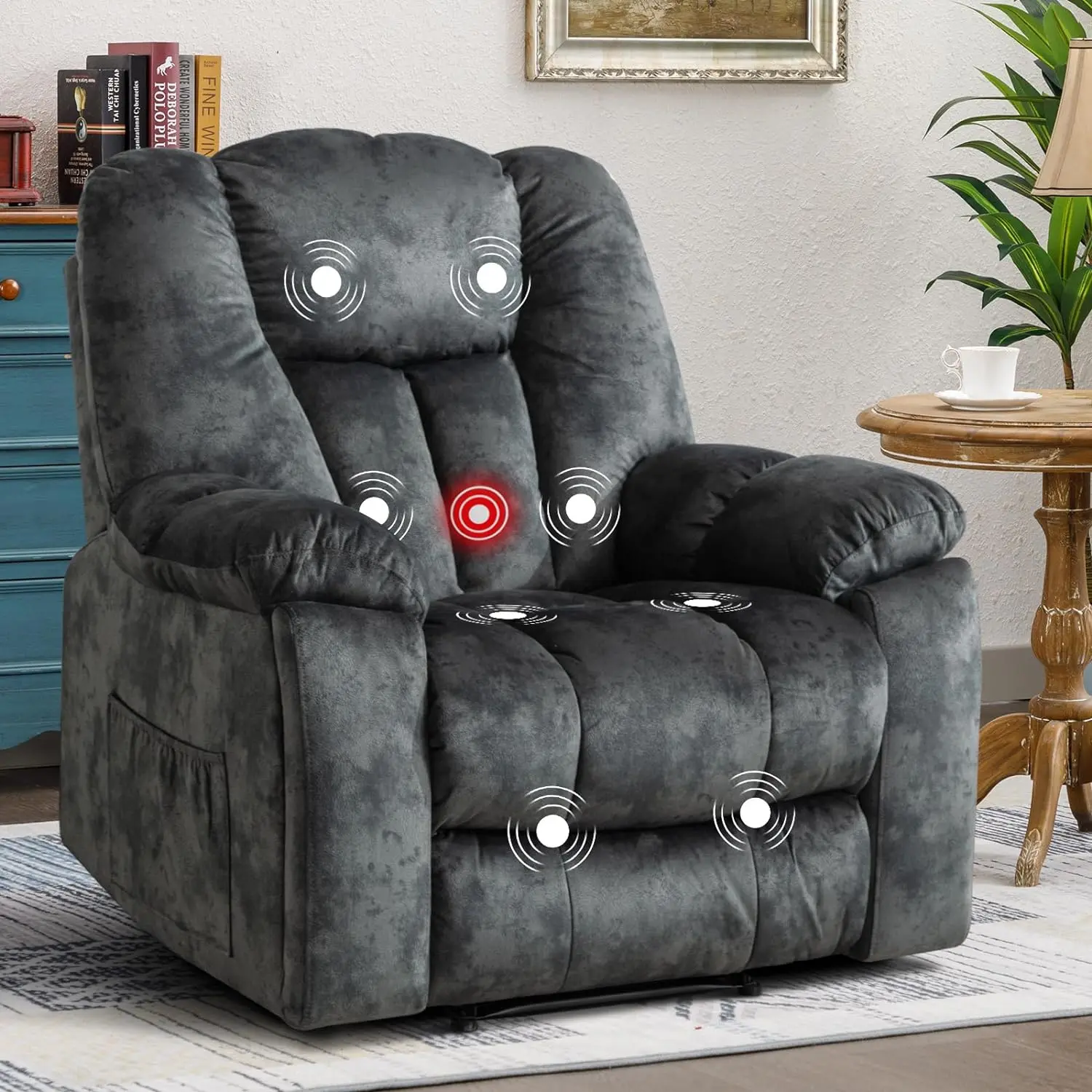 Ebello Soft 40.9in Wide Overstuffed Fabric Recliner Chair with Cushion - Manual Reclining Indoor Furniture, Massage & Heating Features for Living Room Lounging, Grey