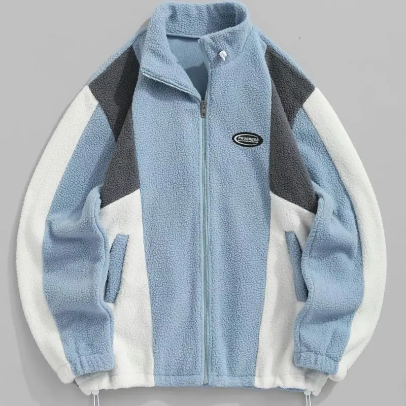 Men's Colorblock Fleece Zip-Up Jacket with Pockets, Casual Loose-Fit Outerwear Menswear Long Sleeve