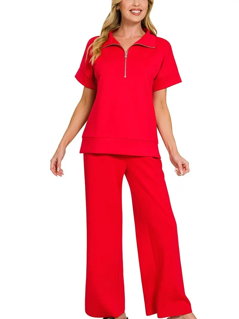 Women's Ruby Red Clothing Set, Stylish Womenswear Outfit for Casual Daily Wear Game Day Apparel 