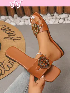 Women's Fashion Slippers, Three Color Options, Pure Color Flat Sandals with Large Gold Buckle, Casual Wear, Perfect for Summer and Spring