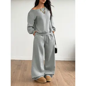 Women's Two Piece Lounge Set Off Shoulder Long Sleeve Top Loose Fit Pullover Drop Shoulder Oversized Style with Drawstring Elastic Waist Wide Leg Pants Solid Brown Minimalist Outfit Soft Cotton Blend Breathable Cozy Casual Streetwear Fall Winter Matching
