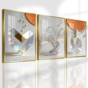 3 Count Aluminum Alloy Frame Canvas, Fashion Poster, Abstract Geometric Crystal Art, Modern Living Room Decoration, Light Luxury Family Art, Suitable For Bedroom, Corridor And Office Wall Decor, Gift