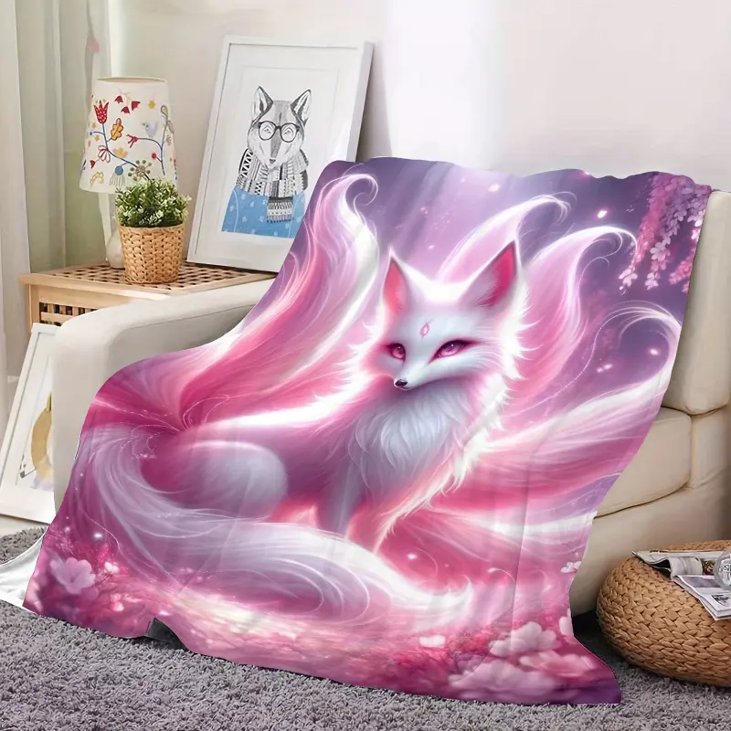 Pink Nine-Tailed Fox Printed Blanket Shawl Soft Skin-Friendly Leisure Sofa Throw Nap Multi-Purpose Blanket for Home Decor