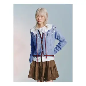 URBAN REVIVO 2026 Spring New Women's Long-Sleeve Knit Cardigan - Acrylic-Polyester Blend, Color-Block Embroidered Floral Detail, Drawstring, Contrast Trim Intarsia Knitting, Soft Fabric Casual Top, Plaid, UYL960016