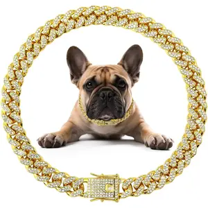 Dog Chain Diamond Collar Walking Metal Chain Necklace with Secure Buckle Pet Cuban Style Collar Jewelry Accessories for Small Medium Large Dog Cats