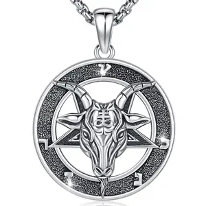 DRINSPER S925 Baphomet Necklace Pagan Jewelry Goat Head Inverted Pentagram Pentacle 925 Sterling Silver Pendant Wicca Jewelry Gifts Altar Satanism Gothic Punk Goth Witch Jewelry Accessories for Men