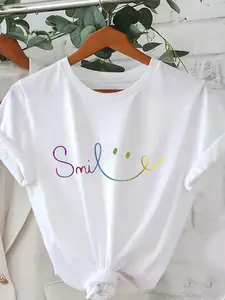 Women Colorful Smile Print Round Neck Short Sleeve Casual T-Shirt White Summer