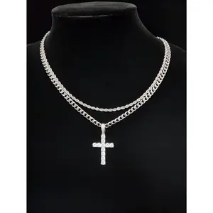 Stainless Steel Cross Necklace, Unisex Hip Hop Twist Chain with Rhinestone Pendant, Chrome-tone Fashion Jewelry, Silver Cross Necklaces