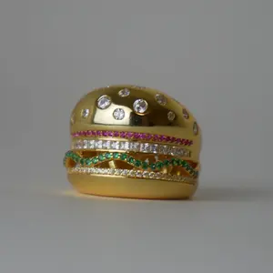 18K Yellow Gold Plated Hamburger or Veggie Burger Ring