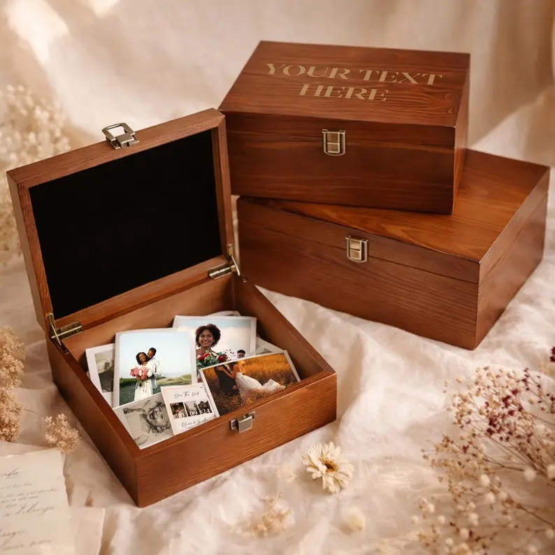 Personalized Wooden Keepsake Box, Custom Engraved Memory Box Wooden Storage Box with Name or Logo Gift for Wedding Anniversary Keepsake