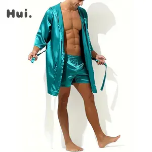 2026 [Silk Fiber Robe] Two-Piece Set Men's Silk Fiber Hooded Robe + Shorts, Basic Long Summer Loungewear|         Minimalist Casual Robe|         Silk Pajamas for Men