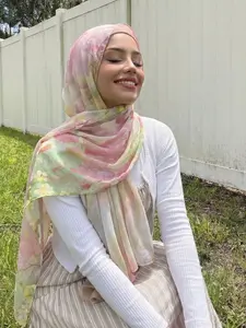 Spring Summer Floral Cotton Linen Hijab, Soft Breathable Fabric, Non-Itchy, Elegant Geometric Print, Ideal for Daily Casual Wear