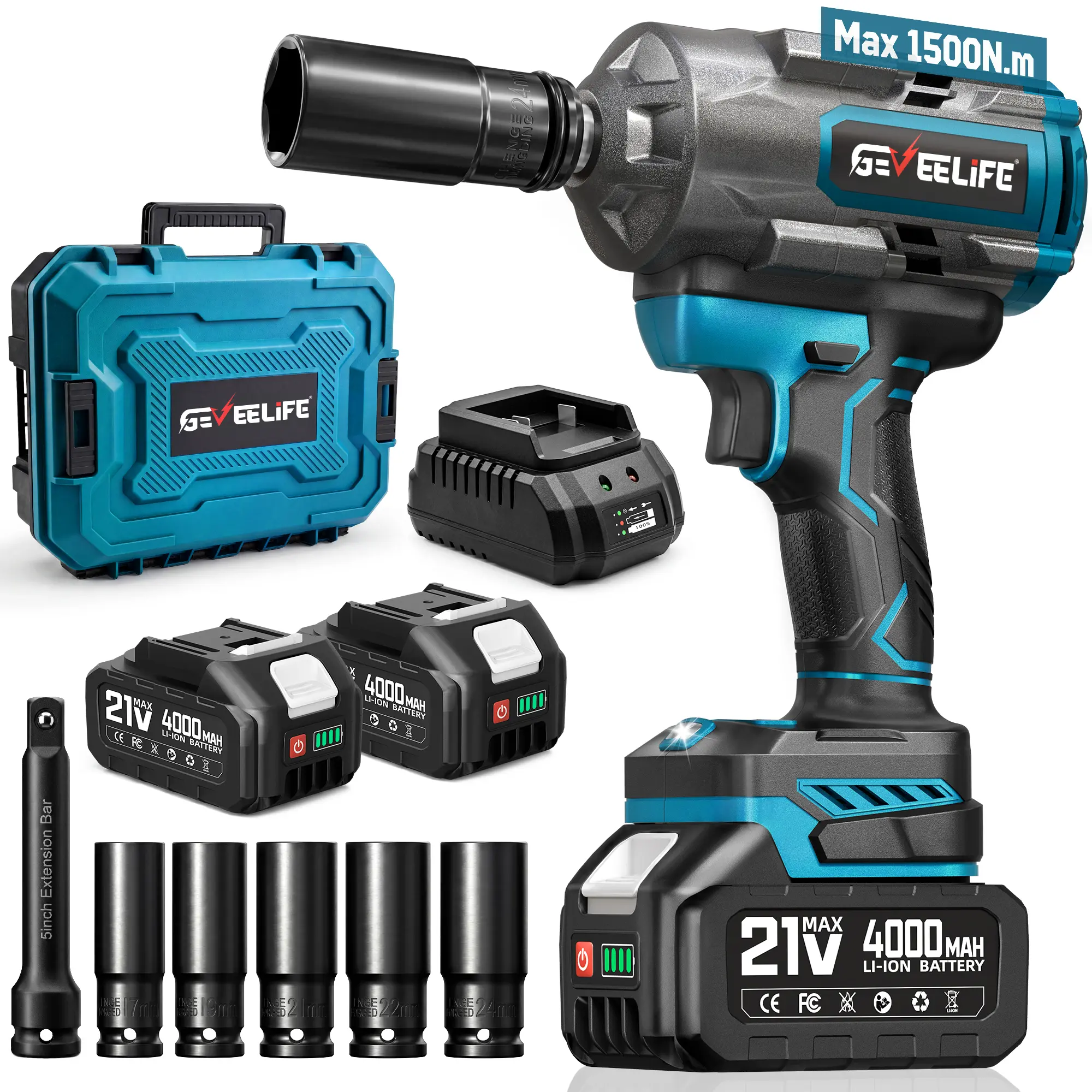 GEVEELIFE Impact Wrench 1500N.m(1106Ft-lbs) Brushless, 1/2 High Torque Impact Gun with 2x4.0Ah Batteries, Cordless Impact Wrench, 4 Variable Speeds, 3500RPM Impact Driver for Car/Heavy Truck/Pickup