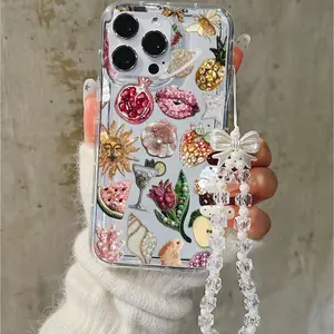 Fruit Flowers Bow Charm Phone Case, Y2K Sweet Style Shockproof & Wear-resistant Cover with Bow Tassel Charm, Fits iPhone 11–17 Pro Max, Compatible with iPhone 11/12/13/14/15, 16 Pro Max/16 Pro/16 Plus