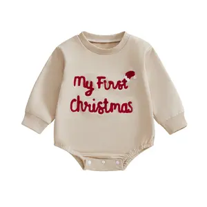 My First Christmas Baby Boy Girl Romper Outfit Merry Christmas Sweatshirt Onesie Bodysuit Oversized Long Sleeve Sweater Bubble Romper