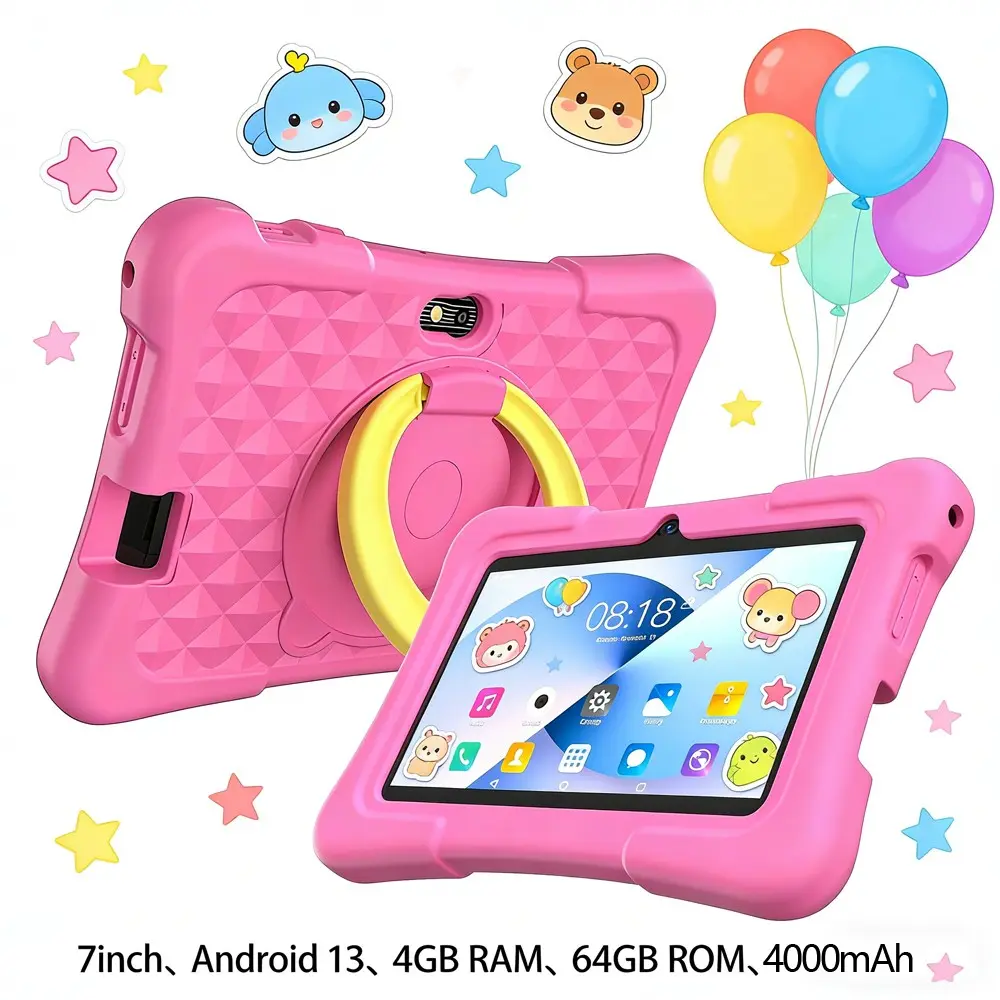 7-inch children's tablet computer, Portable tablet, Android Tablets, Toddler Tablet, Android 13 4GB RAM 64GB ROM supports WIFI function, parent control, equipped with educational learning software, shockproof silicone protective cover, dual cameras