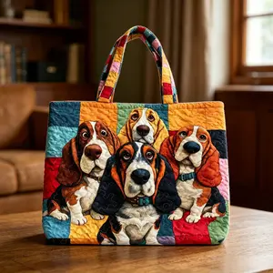 Bohemian Color-Block Quilted Basset Hound Tote Bag, Large-Capacity Women’s Shoulder & Handbag for Daily Storage & Travel, Ideal for Pet Lovers