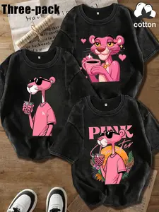 "THE PINK PANTHER" 3-piece fun cartoon pattern letter print, cotton T-shirt, retro style solid color short-sleeved T-shirt three-piece, casual round neck T-shirt, summer everyday wear