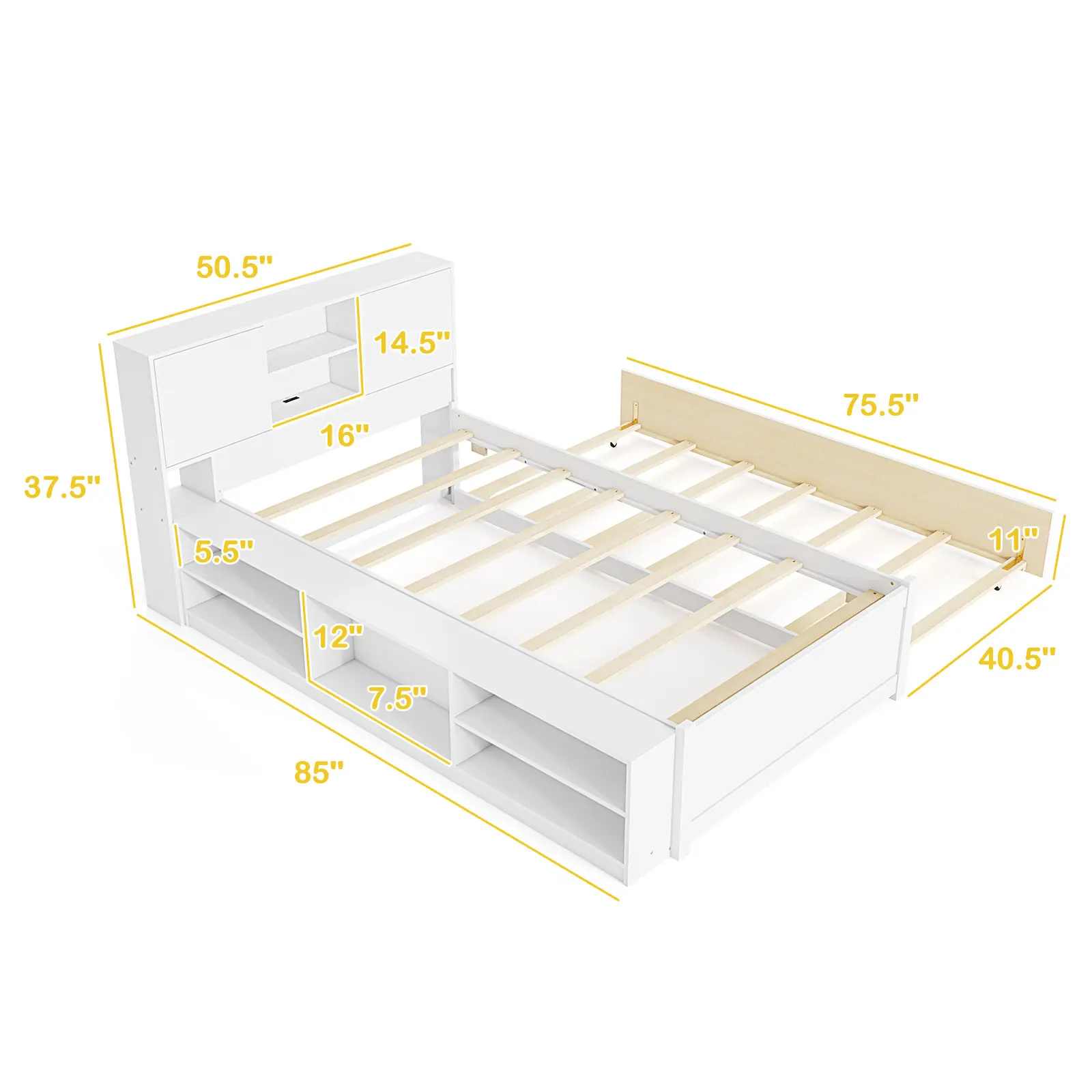 COSTWAY - Twin Size Bed Frame with Trundle and Power Outlets-White