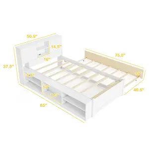 COSTWAY - Twin Size Bed Frame with Trundle and Power Outlets-White