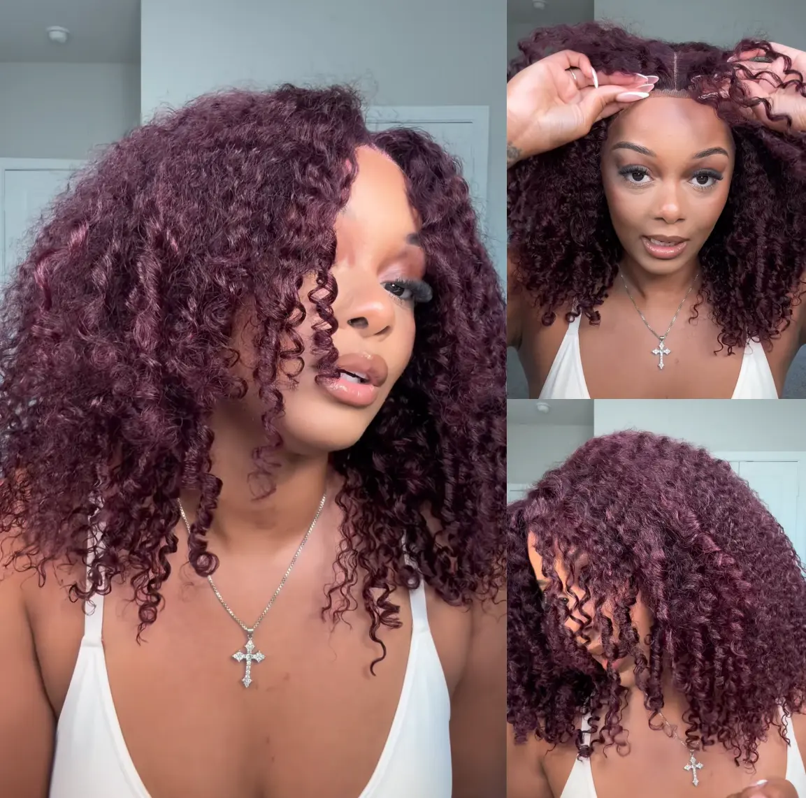UNice 250% Black Cherry Fluffy  Kinky Curly Wig with Layer Finger Coil Ends Glueless 7x5 Lace Closure Human Hair Wigs 18 inch No Slip Natural Hairline for Beginners Summer Wig Dealforyoudays