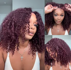 UNice 250% Black Cherry Burmese Curly Wig with Layer Finger Coil Ends Glueless 7x5 Lace Closure Human Hair Wigs 18 inch No Slip Natural Hairline for Beginners Summer Wig Dealforyoudays