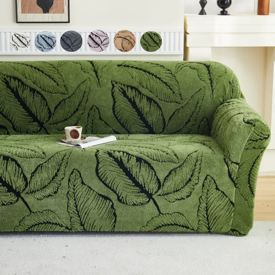 1pc Cationic Plush Fabric Pet-Friendly Stretch Sofa Cover, Stylish Leaf Pattern, Thick Winter Protector for 1/2/3/4 Seat Sofas, Sofa Slipcover