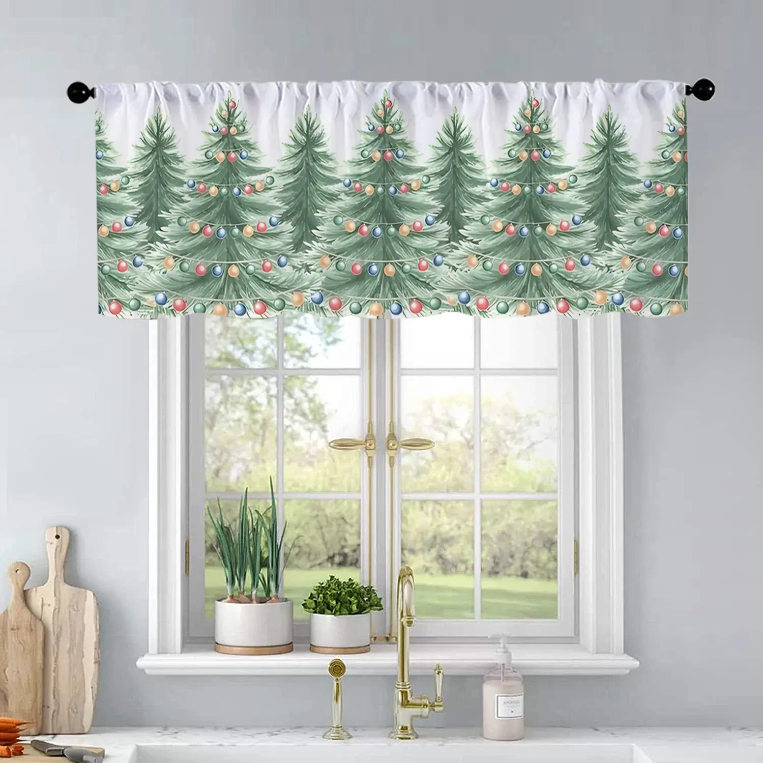 1pc Christmas and New Year printed kitchen curtains Christmas trees with lights garland. bor curtains valance window treatment living room bedroom home decor 54 x 18 inch