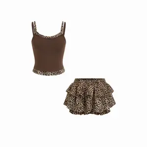 Cider Ruched Scoop Neck Leopard Print Cami Top & Mid Rise Tiered Shorts Set