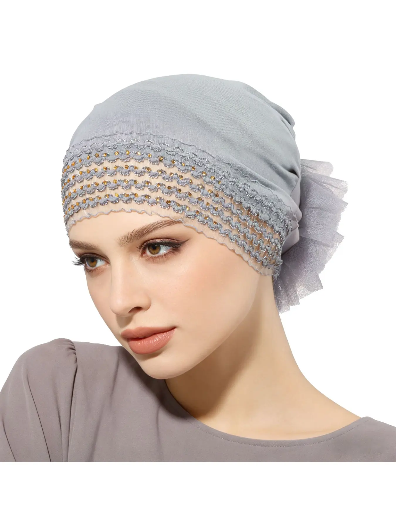Cross-border new solid color mercerized cotton lace back elasticated bottom hat diamond lace turban hat