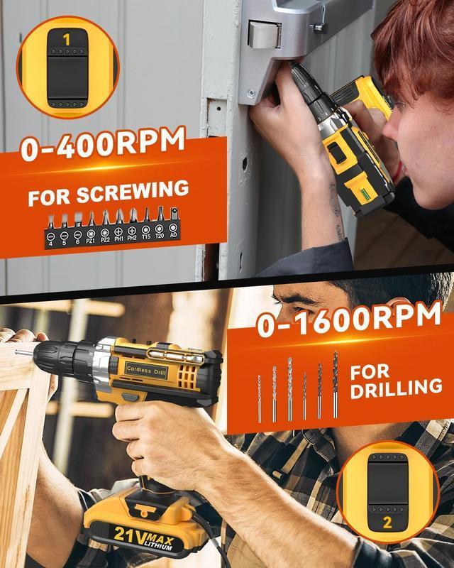 【BlackFriday】Cordless Drill Tool Set  21V Electric Power Drill with 2.0AhLithium-ion Battery and Charger–USB/Type-C Rechargeable, Portable, All-in-One DIY & Home Toolbox Kit,Blackfriday,Christmas Gift