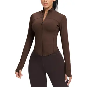 Women's Cropped Running Workout Jackets Zip Slim Fit Athletic Tops with Thumb Holes