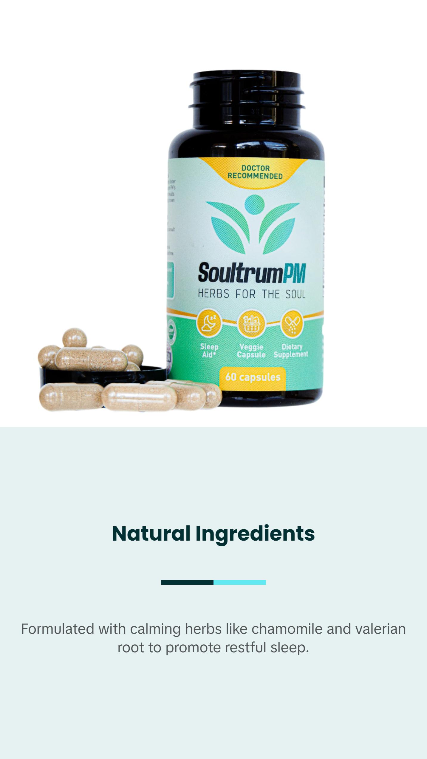 Soultrum PM – Natural Sleep Aid - Nighttime Sleeping Supplement with Melatonin 3mg, L Theanine 200mg, Vitamin B6 5mg,  Glycinate 11mg, Ashwagandha, Chamomile, Valerian Root, Passionflower & Magnesium Glycinate. Dietary Muscle Capsule