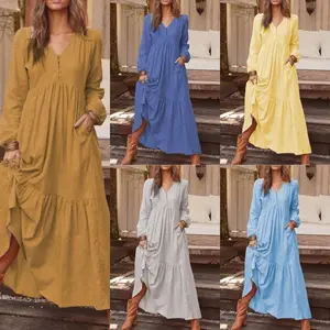 2025 Spring and Autumn Women's Button Cotton and Linen Retro Casual Long Sleeve Dress Long Swing Dress