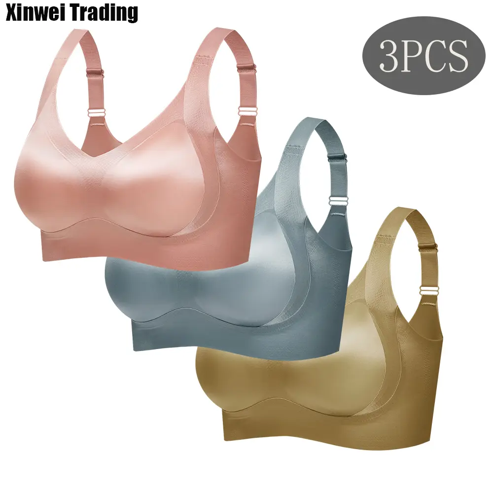 3 pcs women’s solid wireless bras with adjustable cups, lingerie for all seasons and Valentine’s Day, girls’ bras, soft comfortable breathable ribbed push-up seamless bras, gifts