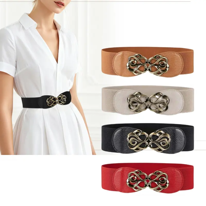 Women's 4-Pack Elastic Waist Belts Accessories Bundle - 2.36" Width Vintage Buckle, Flower Pattern, Retro Brass Detail, Casual Dress Accessory, Halloween Party Gift for Mom/Girlfriend/Daughter, Adjustable Stretch